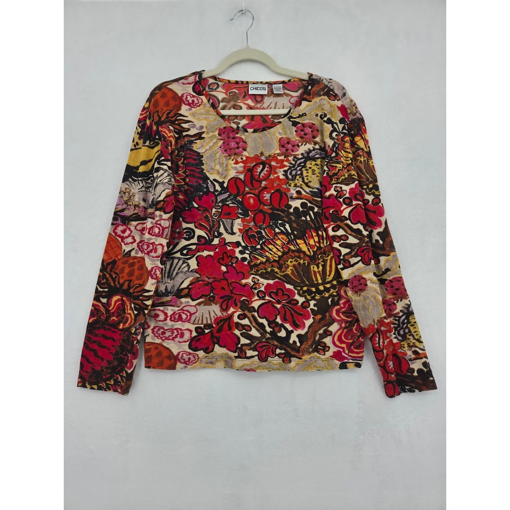Chicos Womens Size 2 Large Red Floral Abstract Long Sleeve Cotton Knit Top Boho